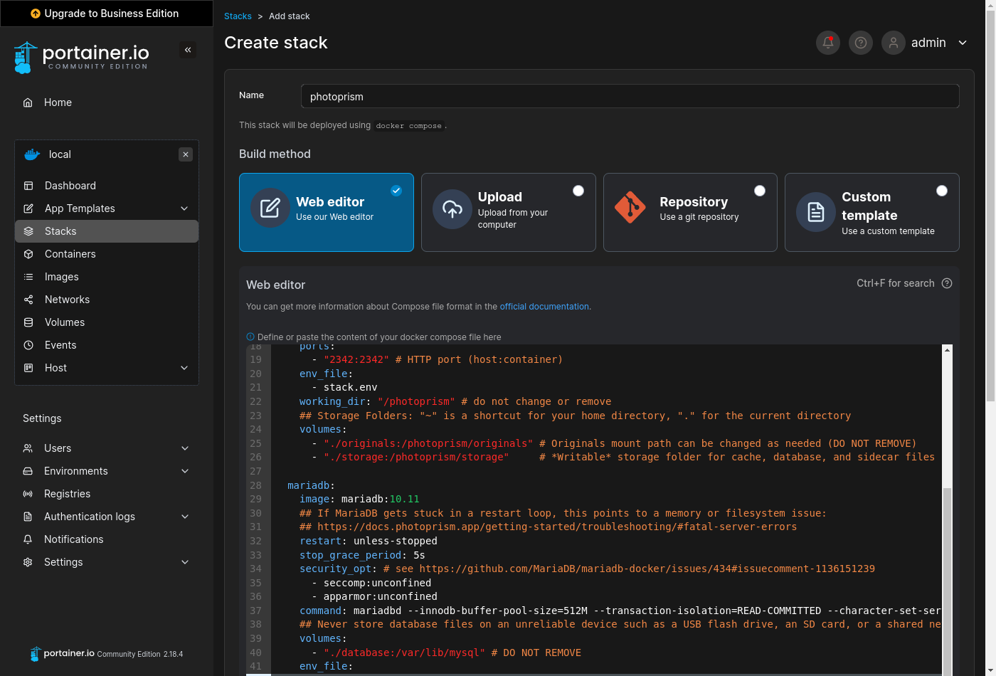 Interface de Portainer